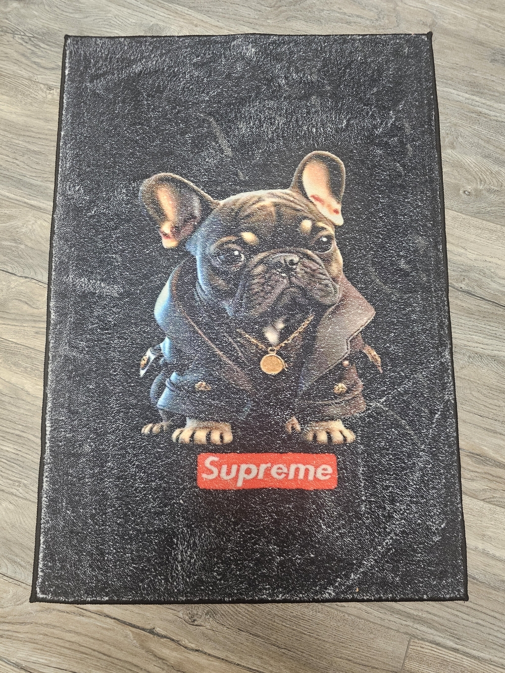 Supreme Black Canvas RUG Featuring French Bulldog Graphic with Red Logo